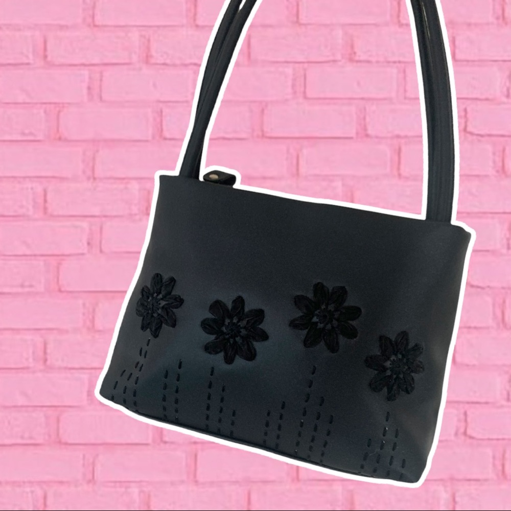 Black Nylon Shoulder Bag with Embroidery Detial